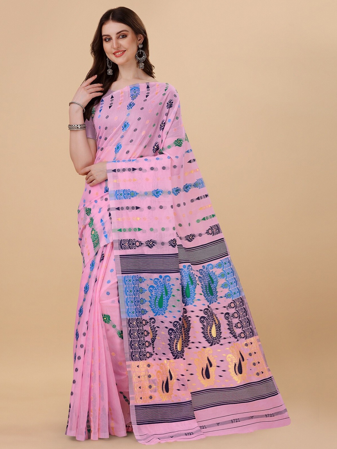 

ZIKARAA Woven Design Pure Cotton Jamdani Saree, Pink