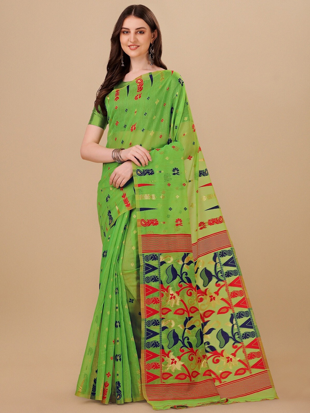 

ZIKARAA Geometric Printed Pure Cotton Jamdani Saree, Green