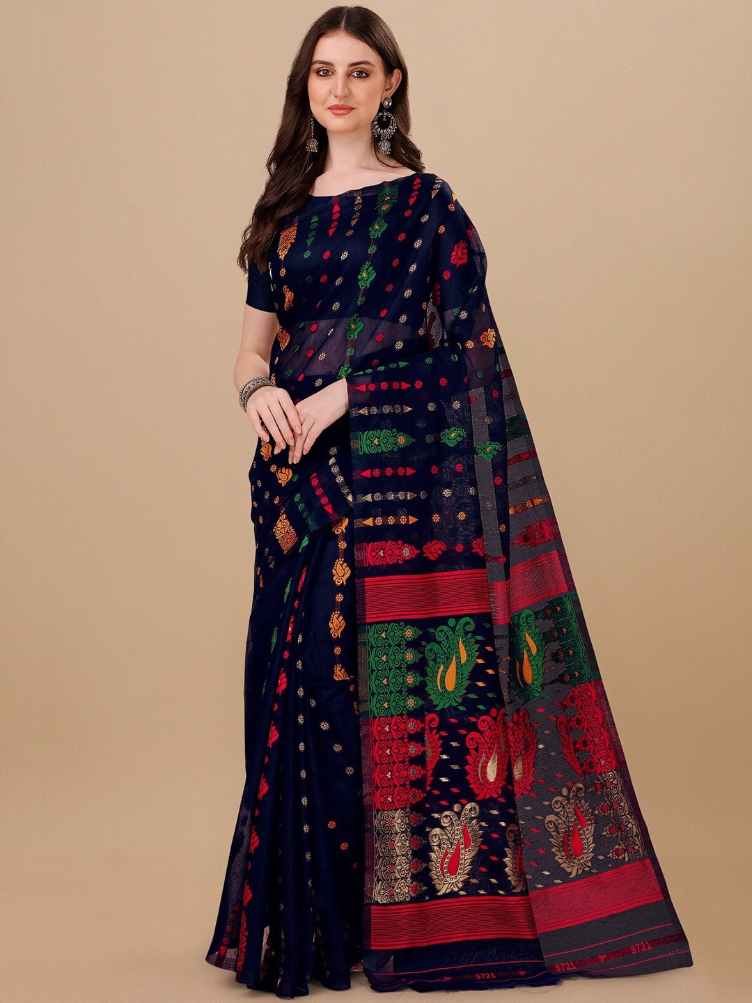 

ZIKARAA Woven Design Pure Cotton Jamdani Saree, Navy blue