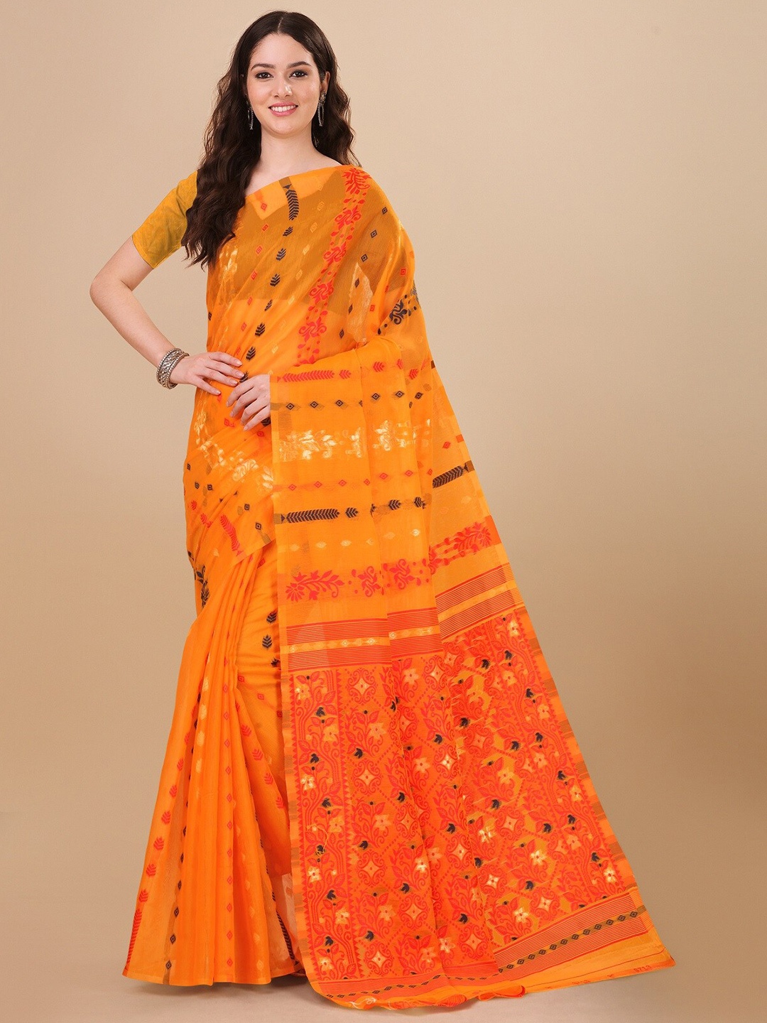 

ZIKARAA Woven Design Pure Cotton Jamdani Saree, Mustard