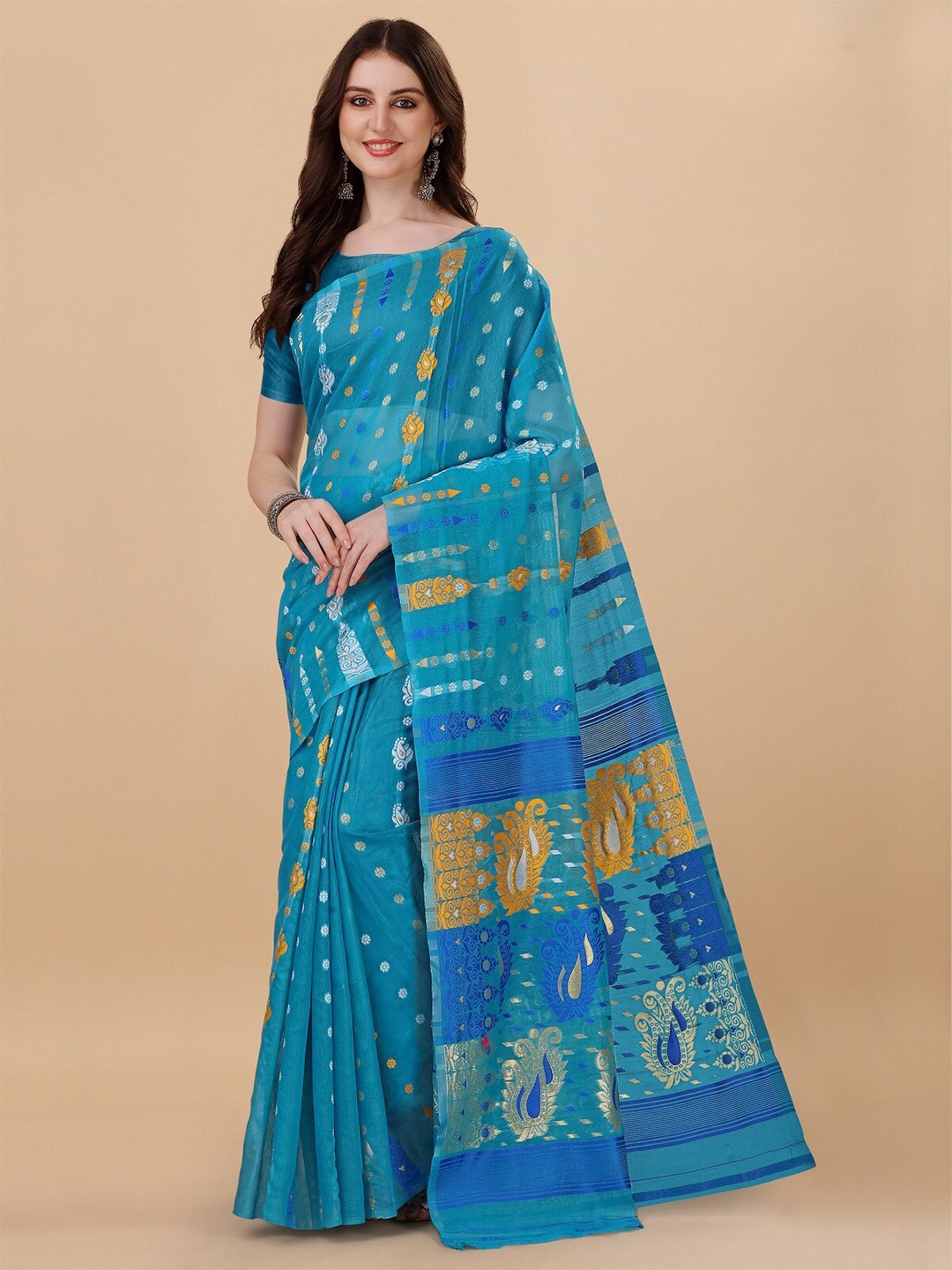 

ZIKARAA Woven Design Pure Cotton Jamdani Saree, Turquoise blue