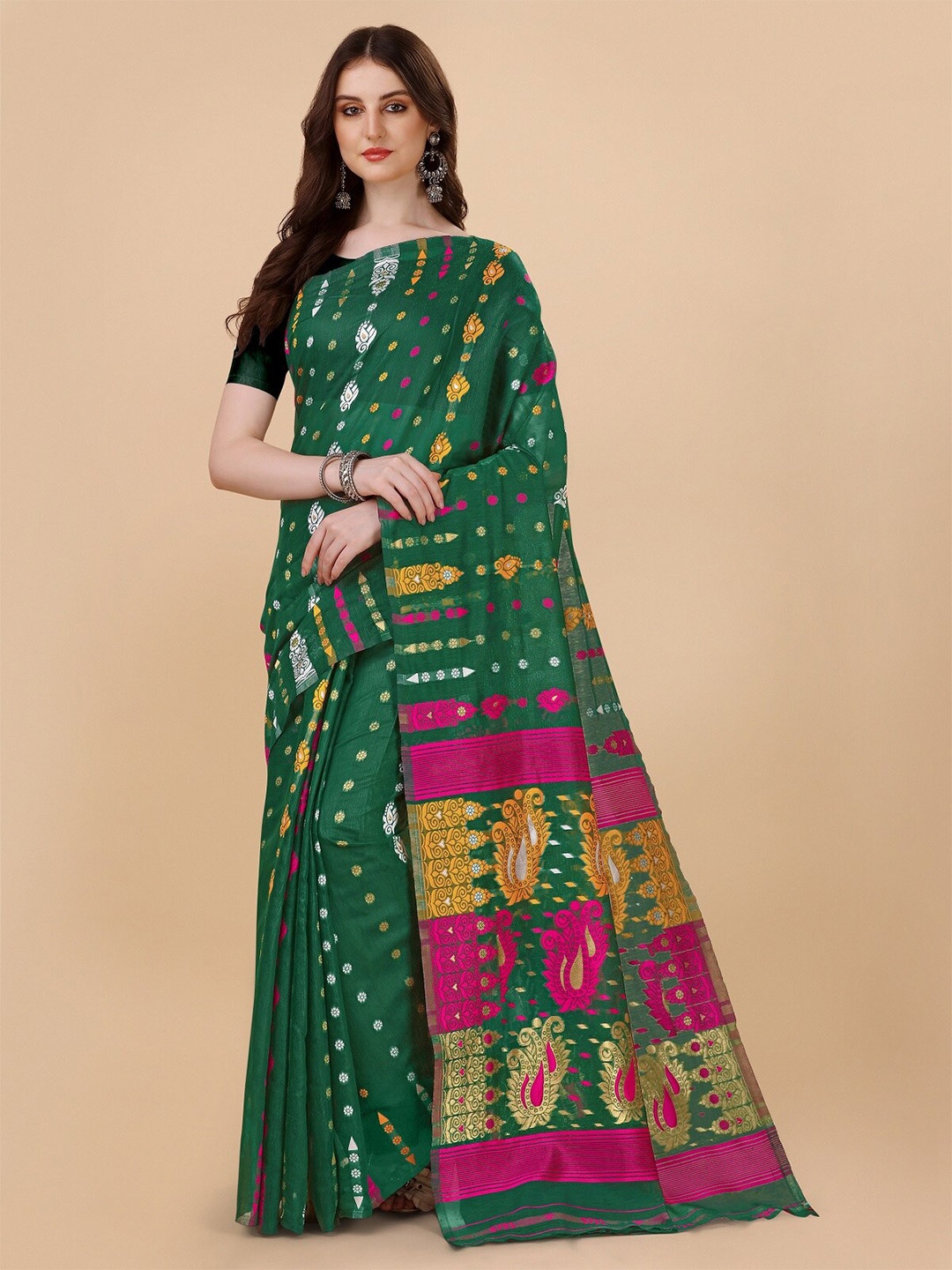 

ZIKARAA Woven Design Pure Cotton Jamdani Saree, Green