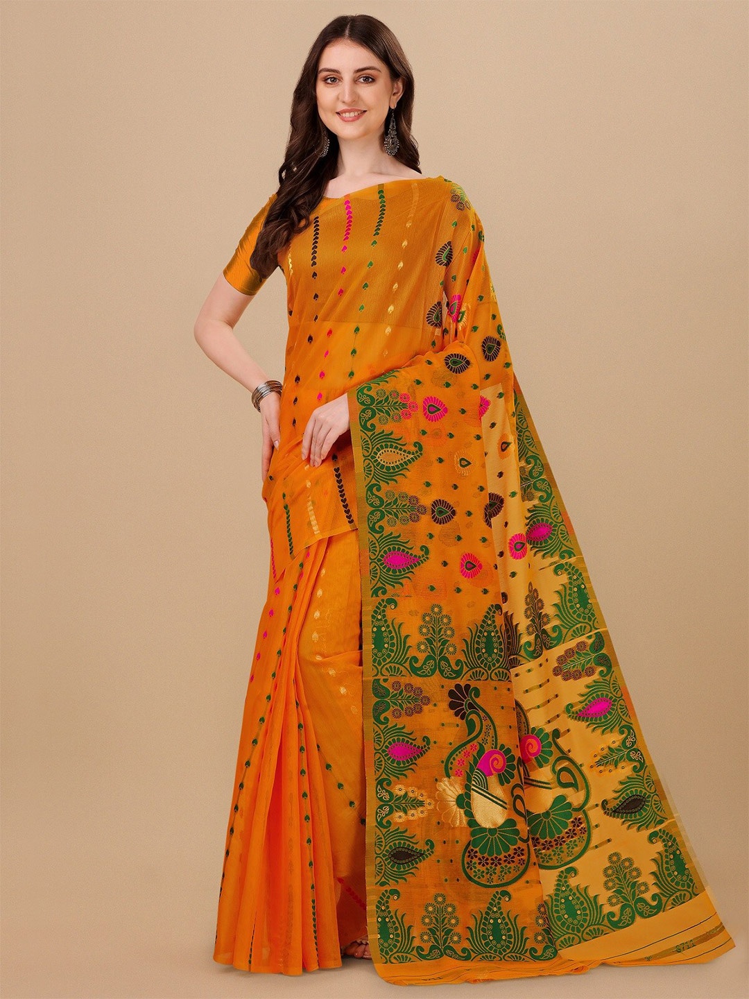 

ZIKARAA Ethnic Motifs Pure Cotton Jamdani Saree, Orange