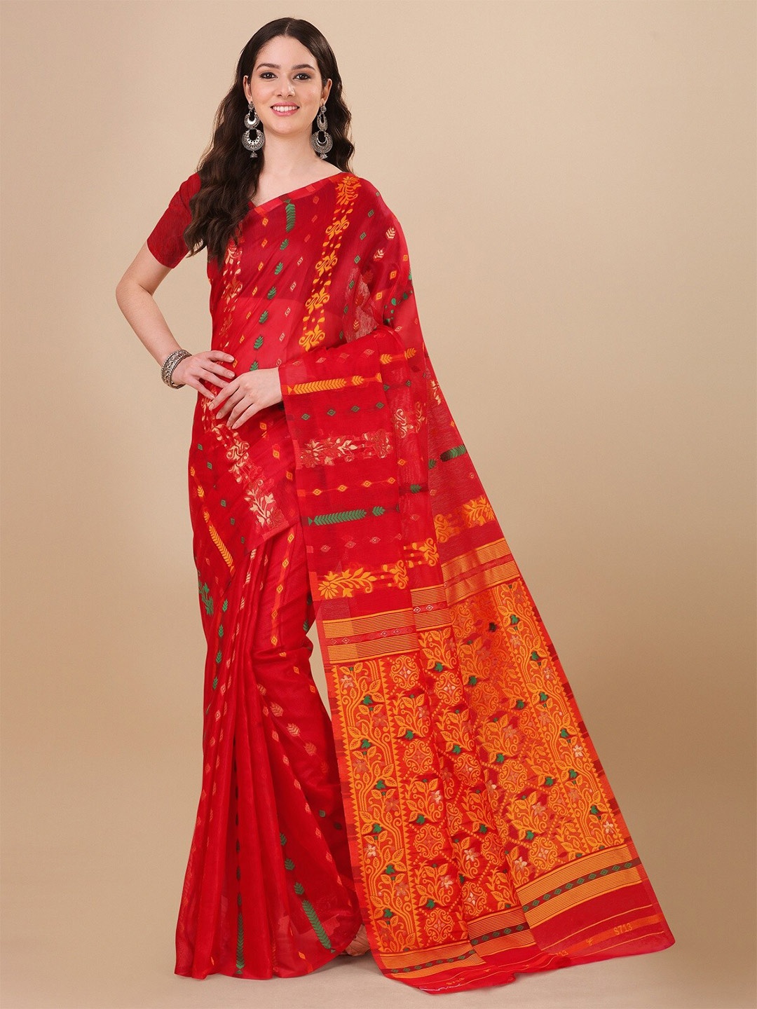 

ZIKARAA Ethnic Motifs Pure Cotton Jamdani Saree, Red