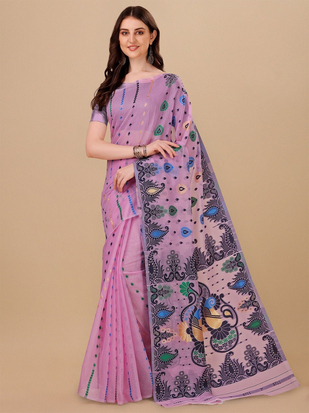 

ZIKARAA Ethnic Motifs Zari Pure Cotton Jamdani Saree, Pink