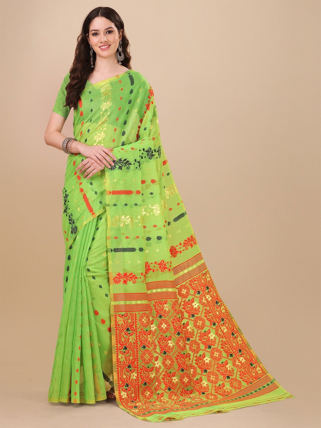 

ZIKARAA Woven Design Zari Pure Cotton Jamdani Saree, Green