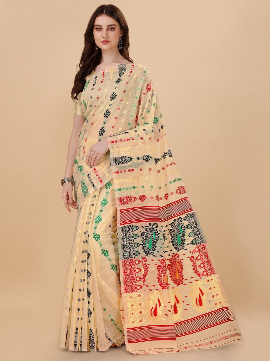 

ZIKARAA Ethnic Motifs Pure Cotton Jamdani Saree, Beige