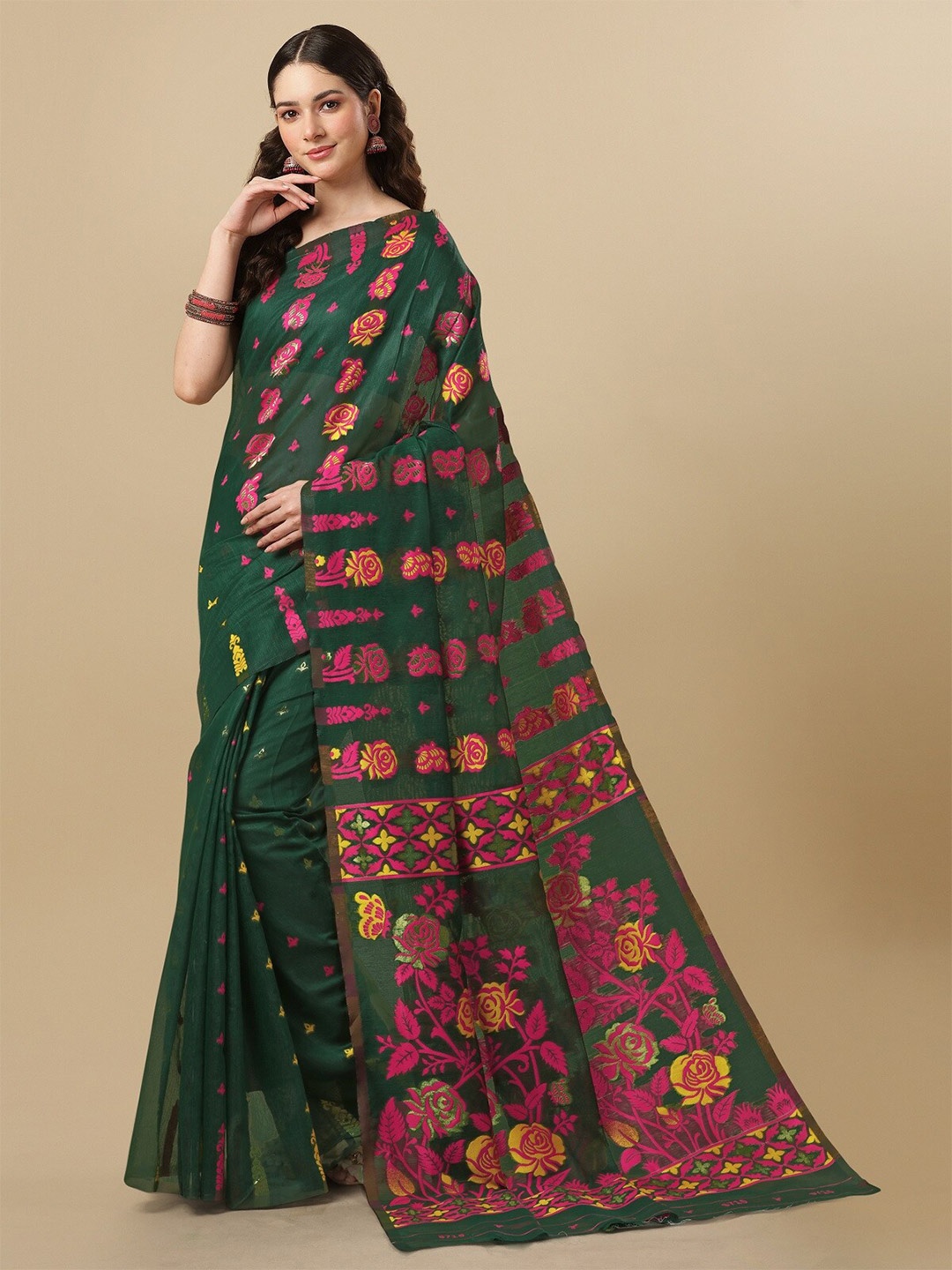 

ZIKARAA Woven Design Zari Pure Cotton Jamdani Saree, Green