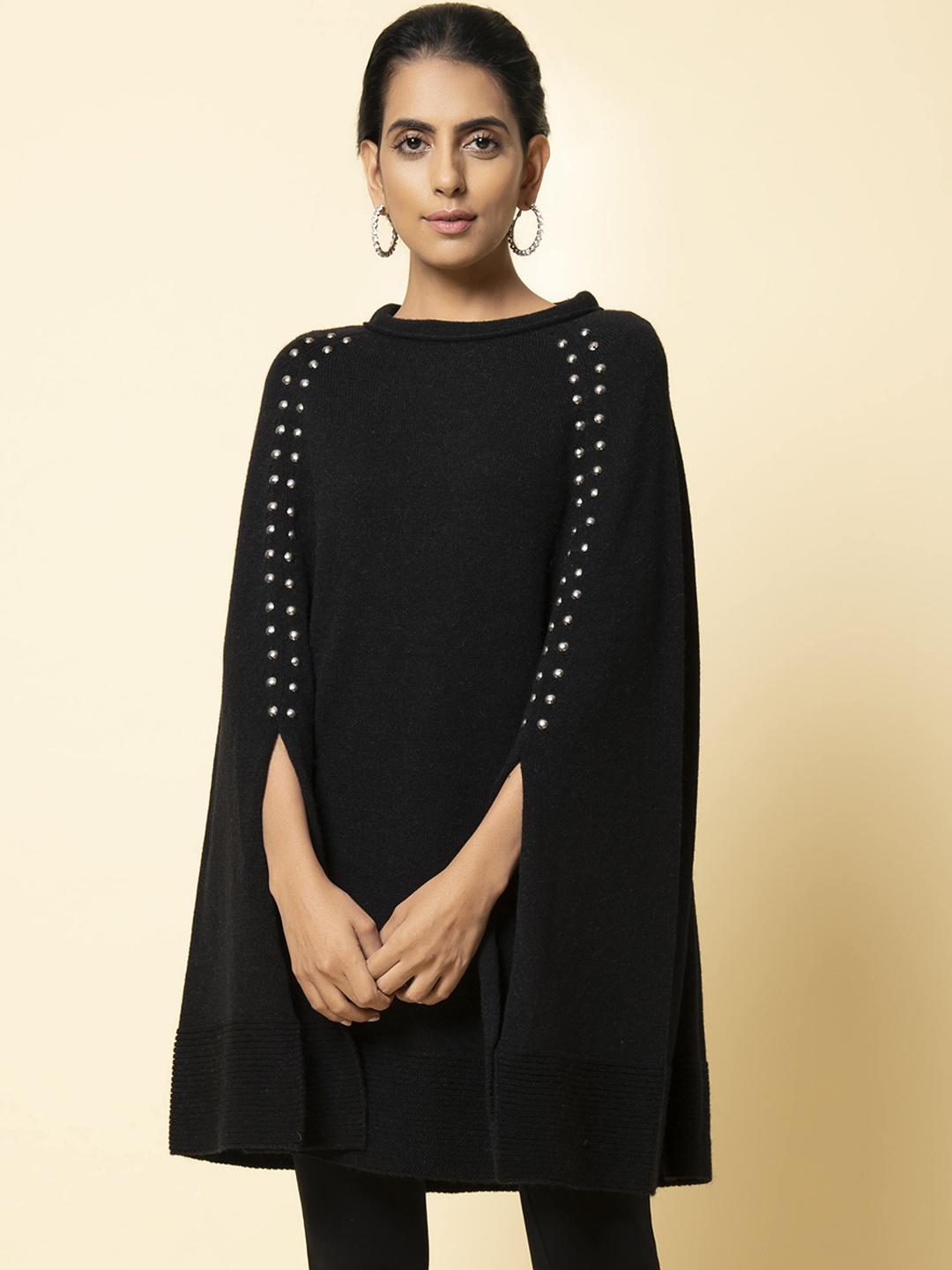 

KHALEEJ Women Solid Wool Longline Poncho Sweater, Black