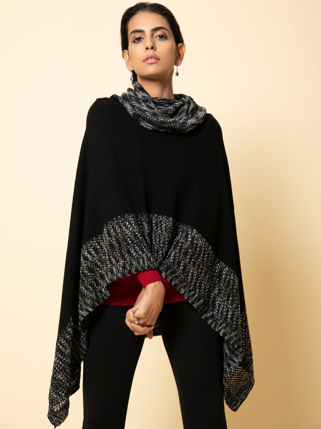 

KHALEEJ Women Asymmetric Closure Longline Poncho Jacket, Black