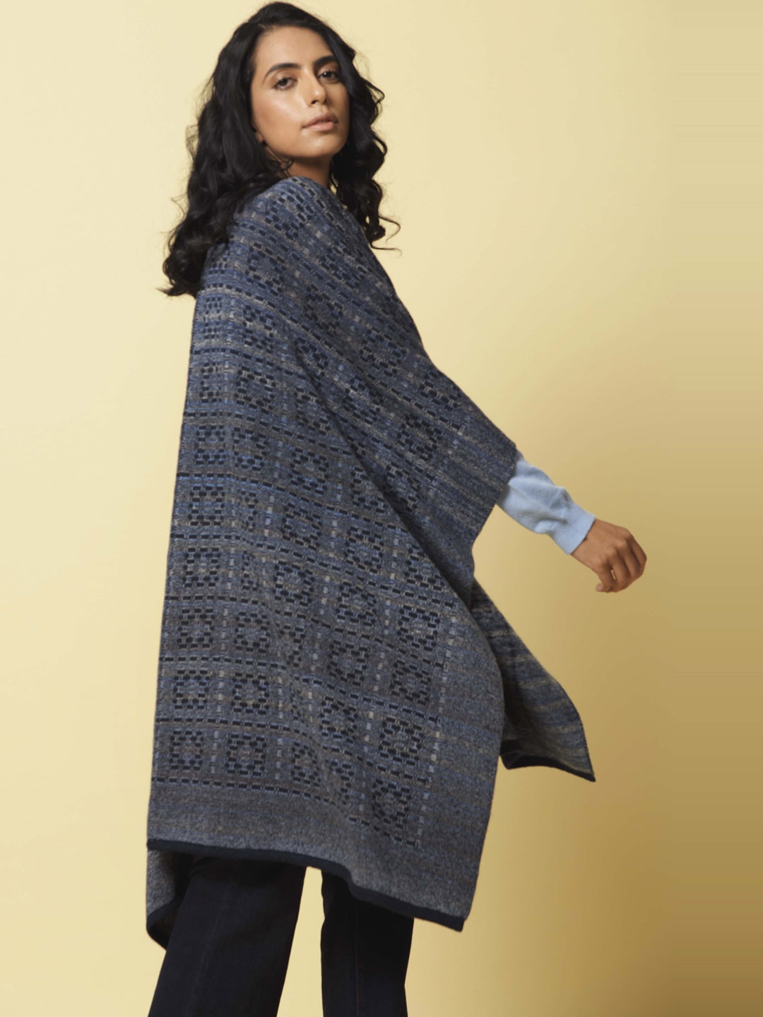 

KHALEEJ Women Asymmetric Closure Longline Open Front Jacket, Navy blue