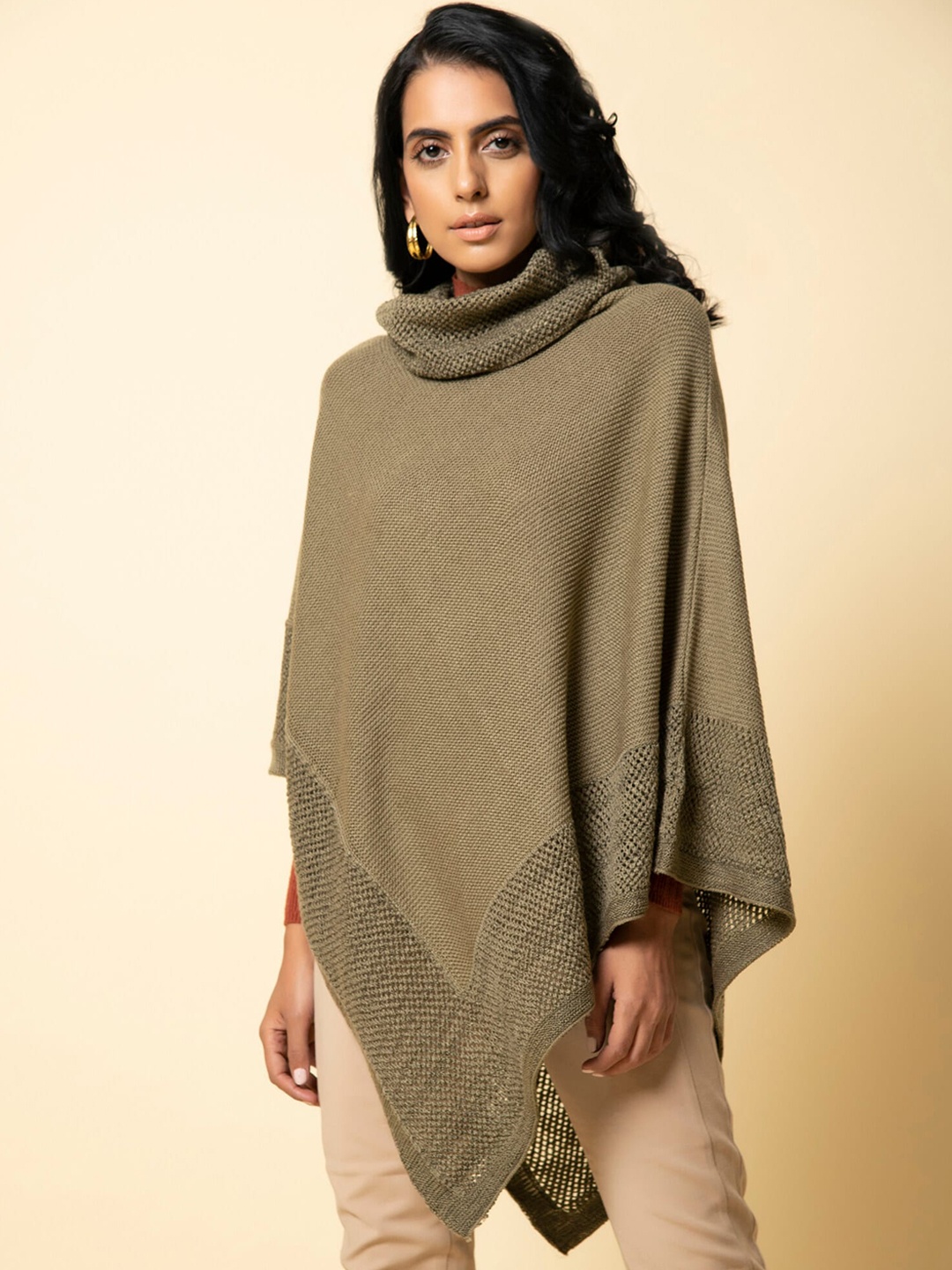 

KHALEEJ Women Solid Wool Longline Poncho Sweater, Beige