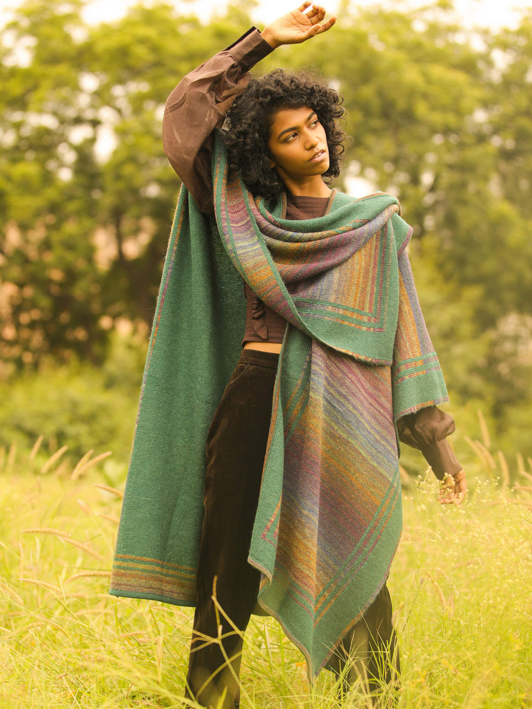

KHALEEJ Women Striped Wool Longline Shrug, Green