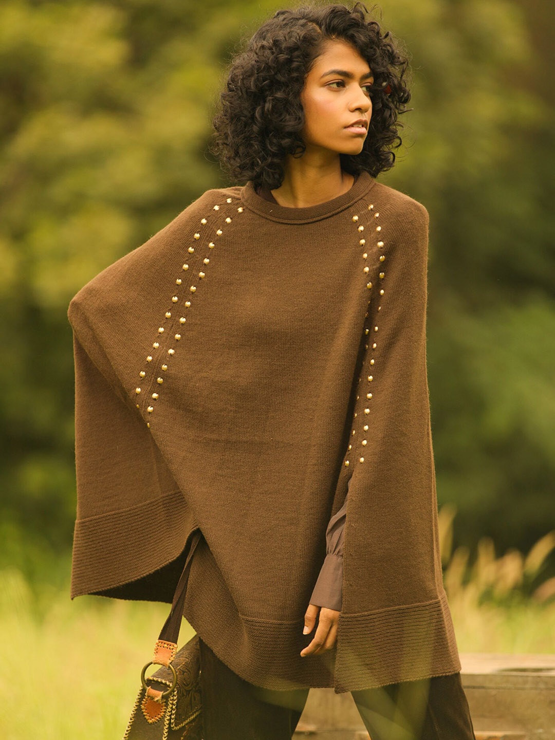 

KHALEEJ Women Solid Wool Longline Poncho Sweater, Brown