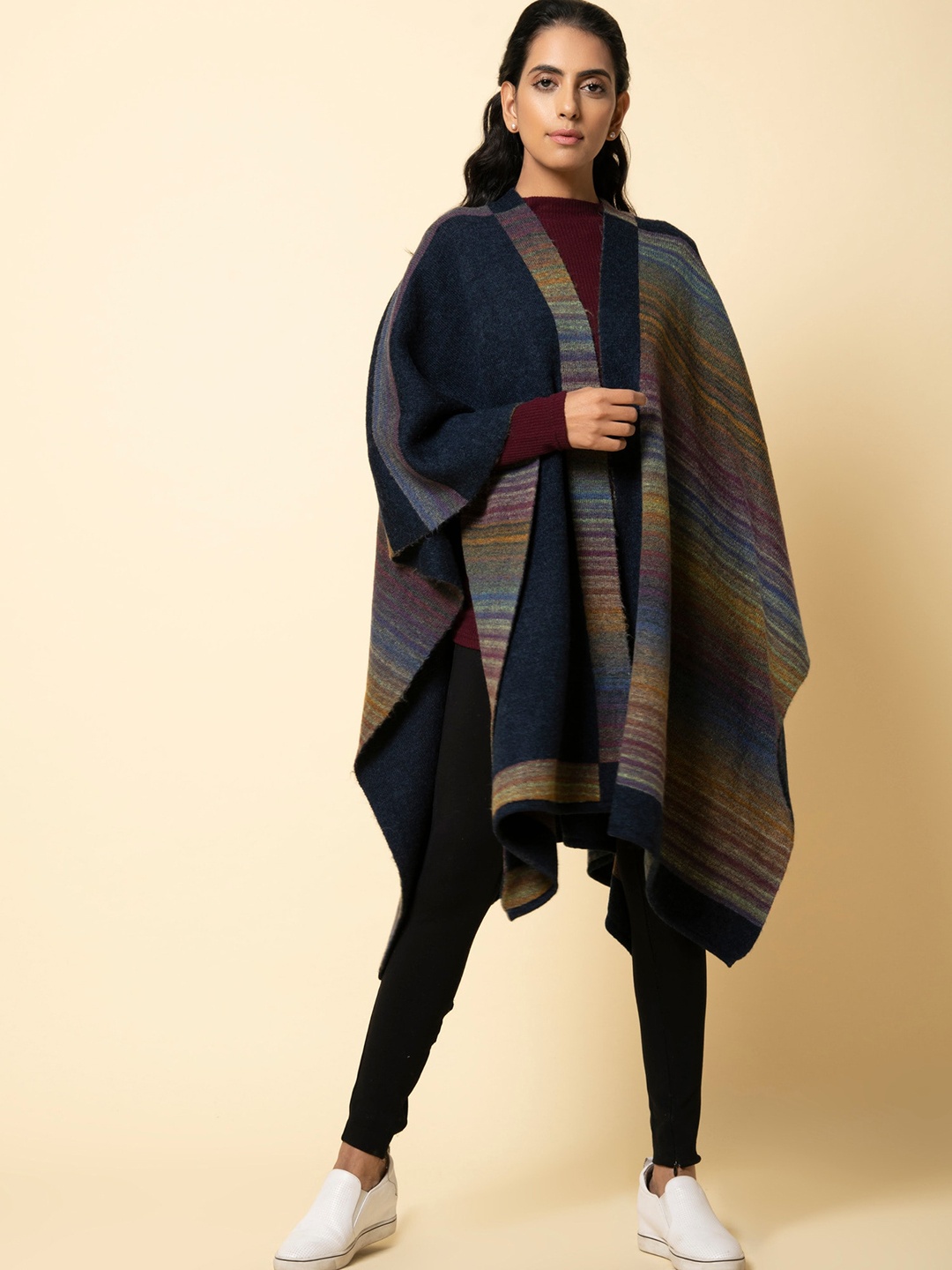 

KHALEEJ Women Striped Longline Open Front Jacket, Navy blue