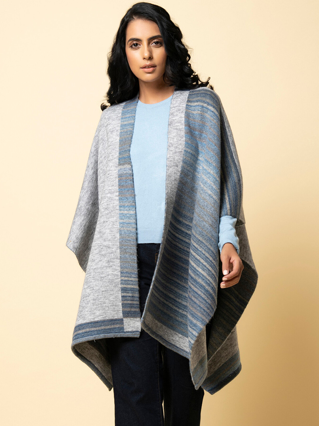 

KHALEEJ Women Striped Open Front Shrug, Navy blue