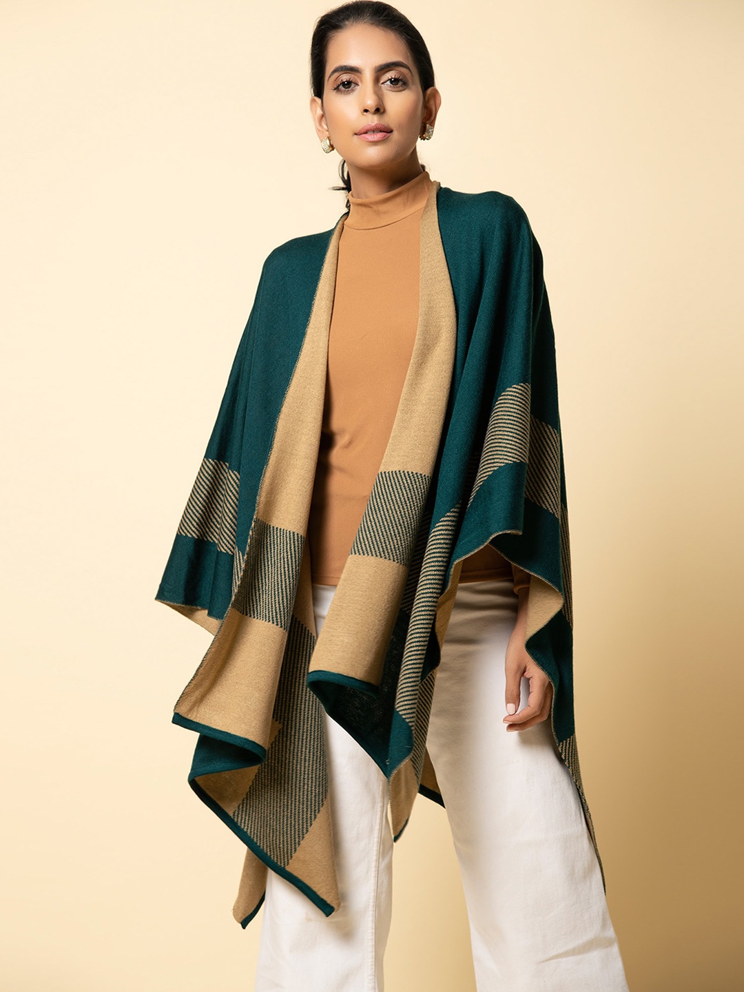 

KHALEEJ Women Colourblocked Asymmetric Closure Longline Poncho, Teal