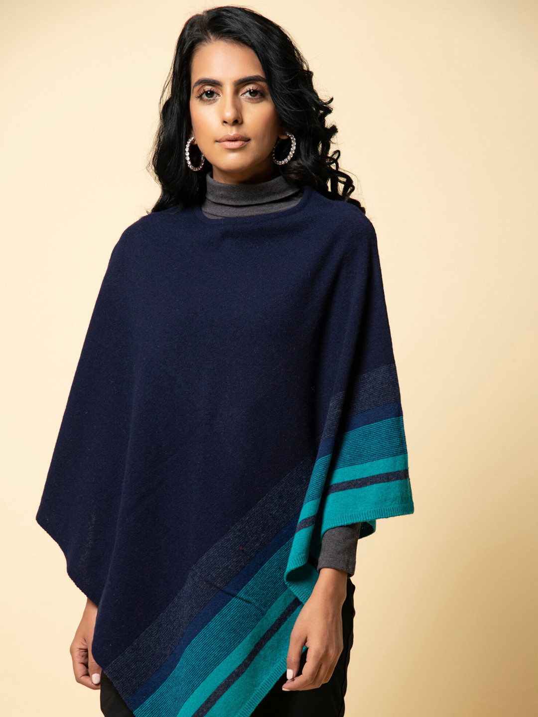 

KHALEEJ Striped Wool Longline Poncho, Navy blue