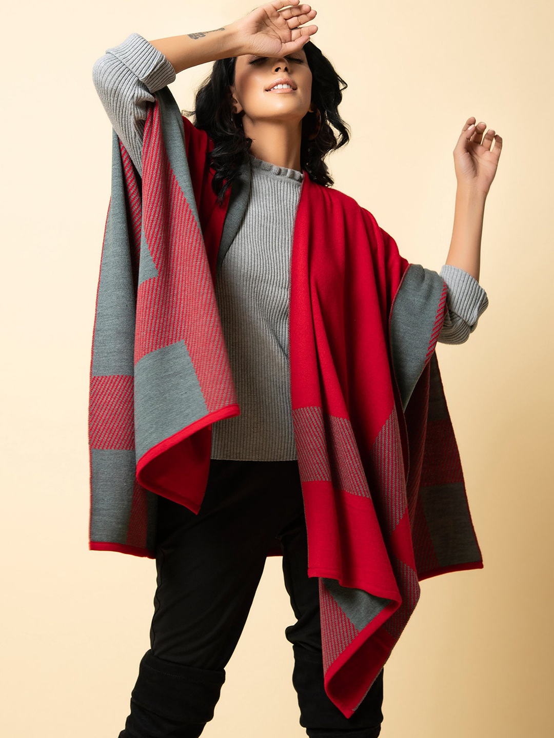 

KHALEEJ Women Colourblocked Asymmetric Closure Longline Open Front Jacket, Red