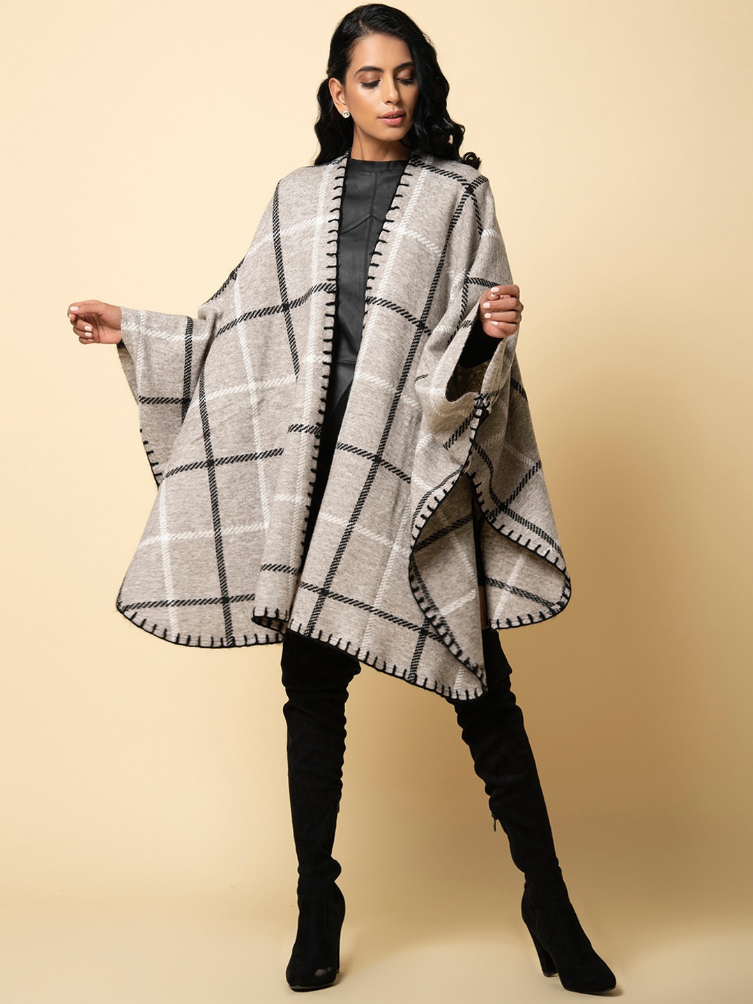 

KHALEEJ Women Checked Longline Wool Open Front Shrug, Grey