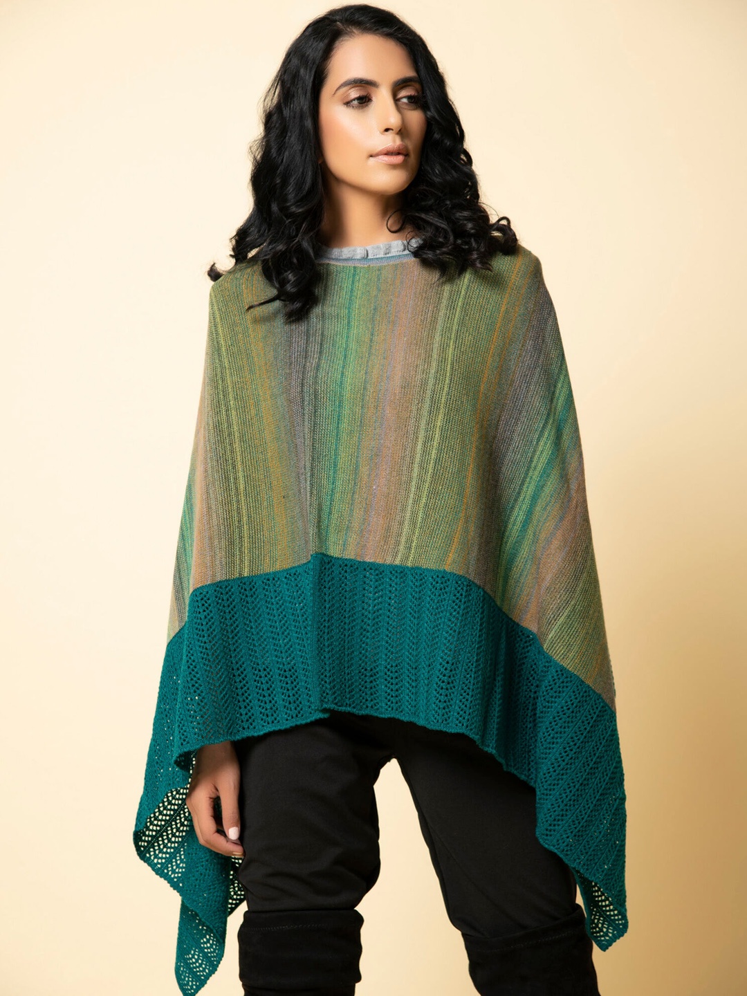 

KHALEEJ Women Colourblocked Asymmetric Closure Poncho, Green