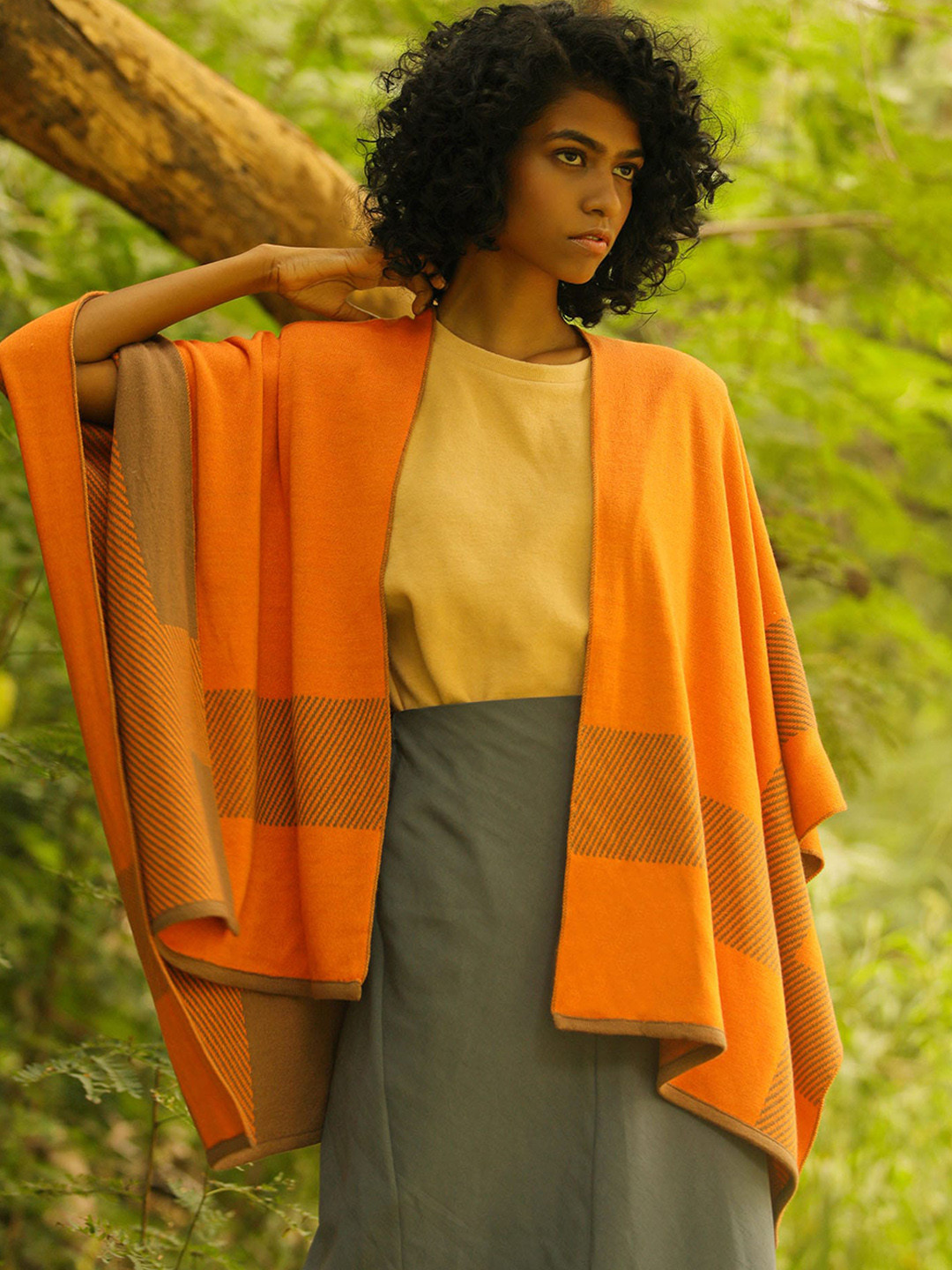 

KHALEEJ Women Striped Wool Open Front Shrug, Orange