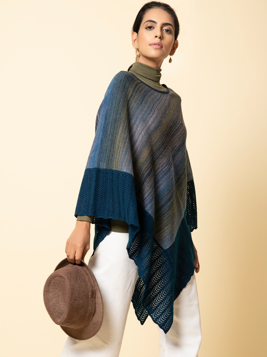 

KHALEEJ Women Colourblocked Asymmetric Closure Longline Poncho, Navy blue