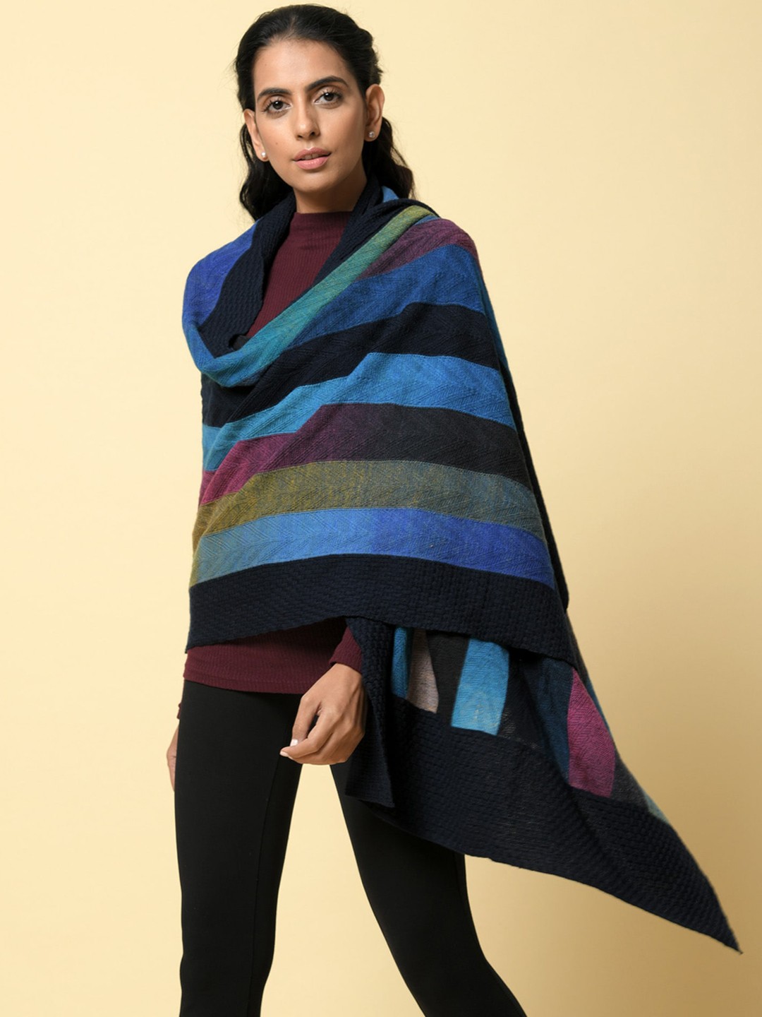 

KHALEEJ Women Striped Wool Shawl, Navy blue