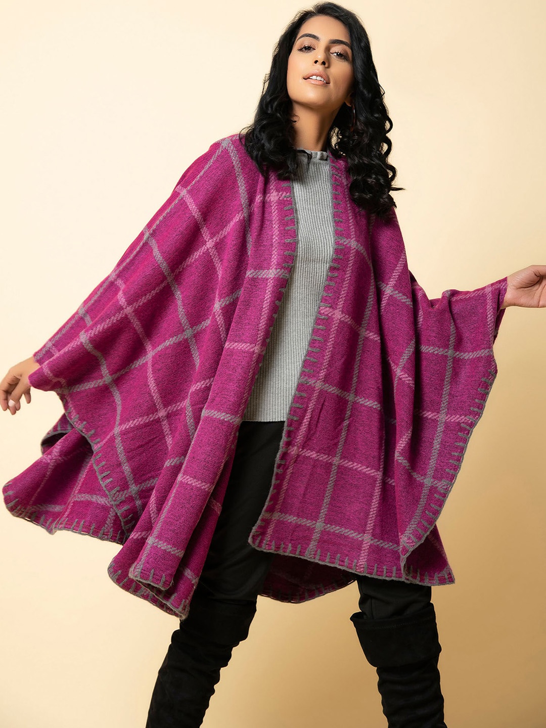 

KHALEEJ Women Checked Asymmetric Closure Longline Tailored Jacket, Pink