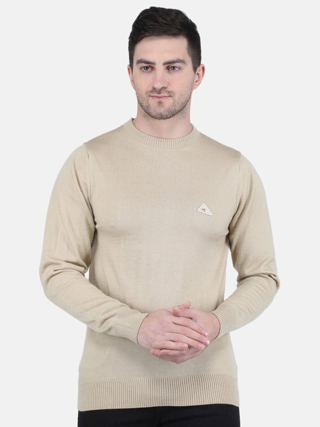 

Monte Carlo Men Solid Round Neck Pullover Sweater, Beige