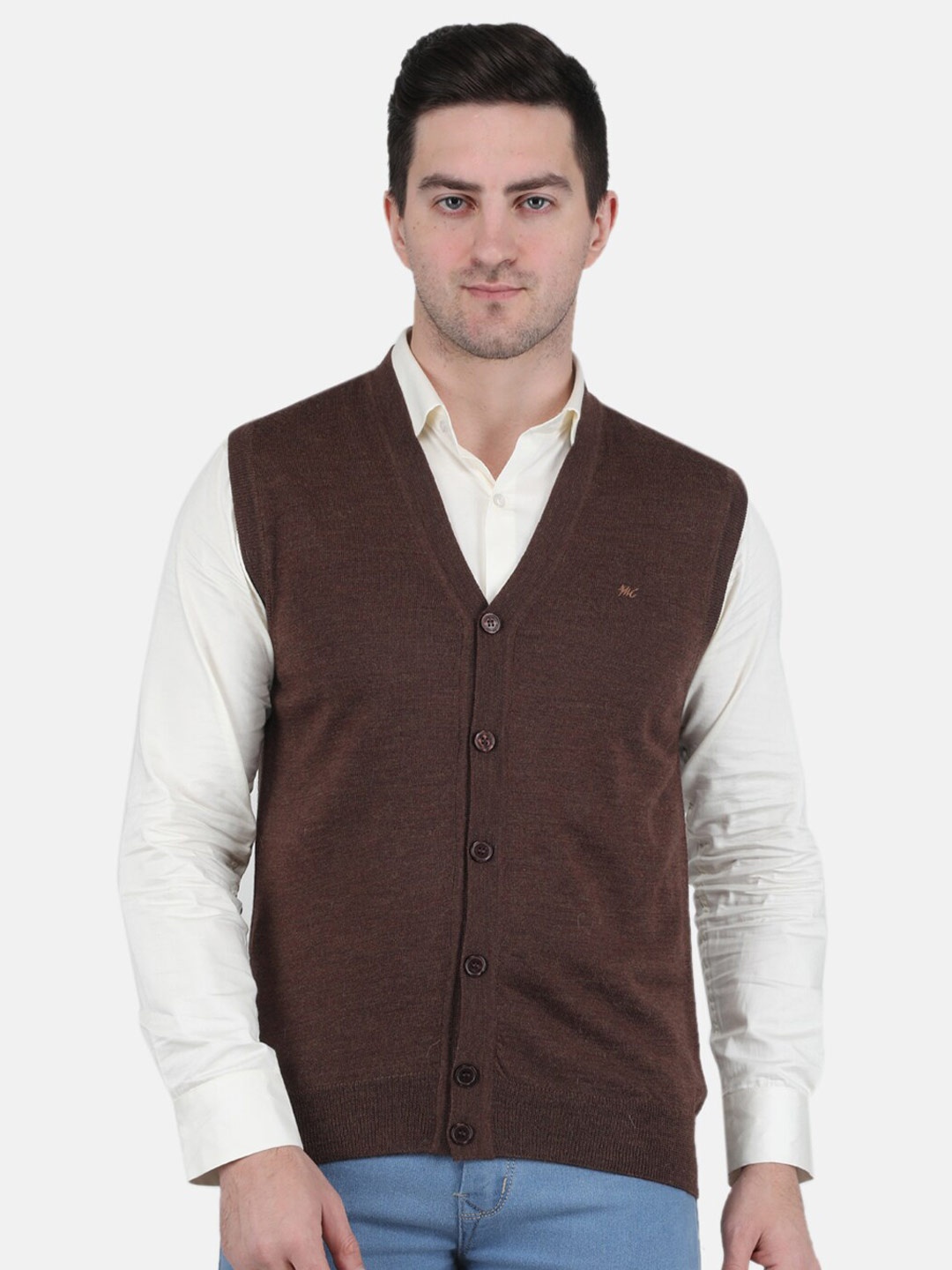 

Monte Carlo V-Neck Center Front Open Woolen Cardigan Sweater, Brown