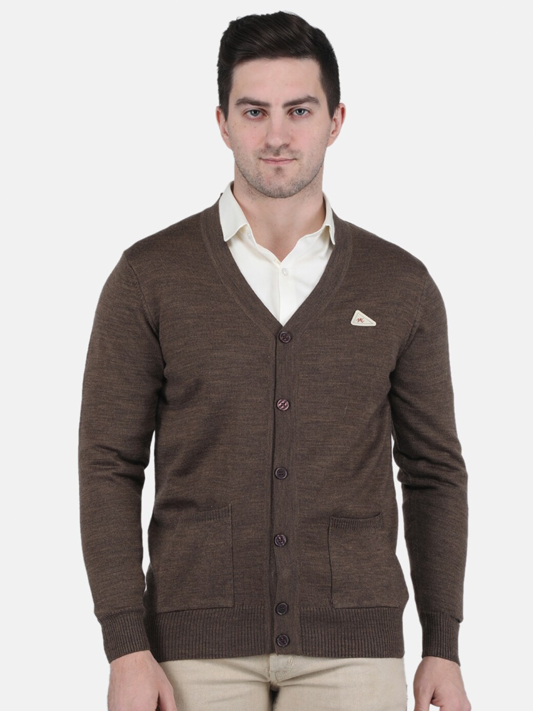 

Monte Carlo Men Solid V-Neck Wool Cardigan, Brown