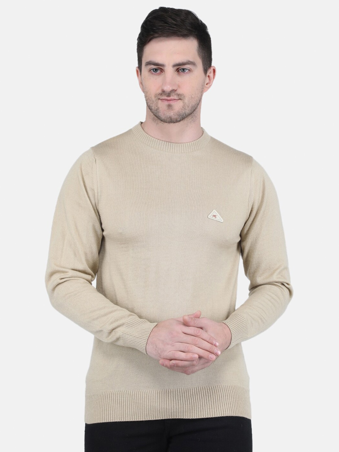 

Monte Carlo Men Round Neck Long Sleeves Wool Cardigan, Beige