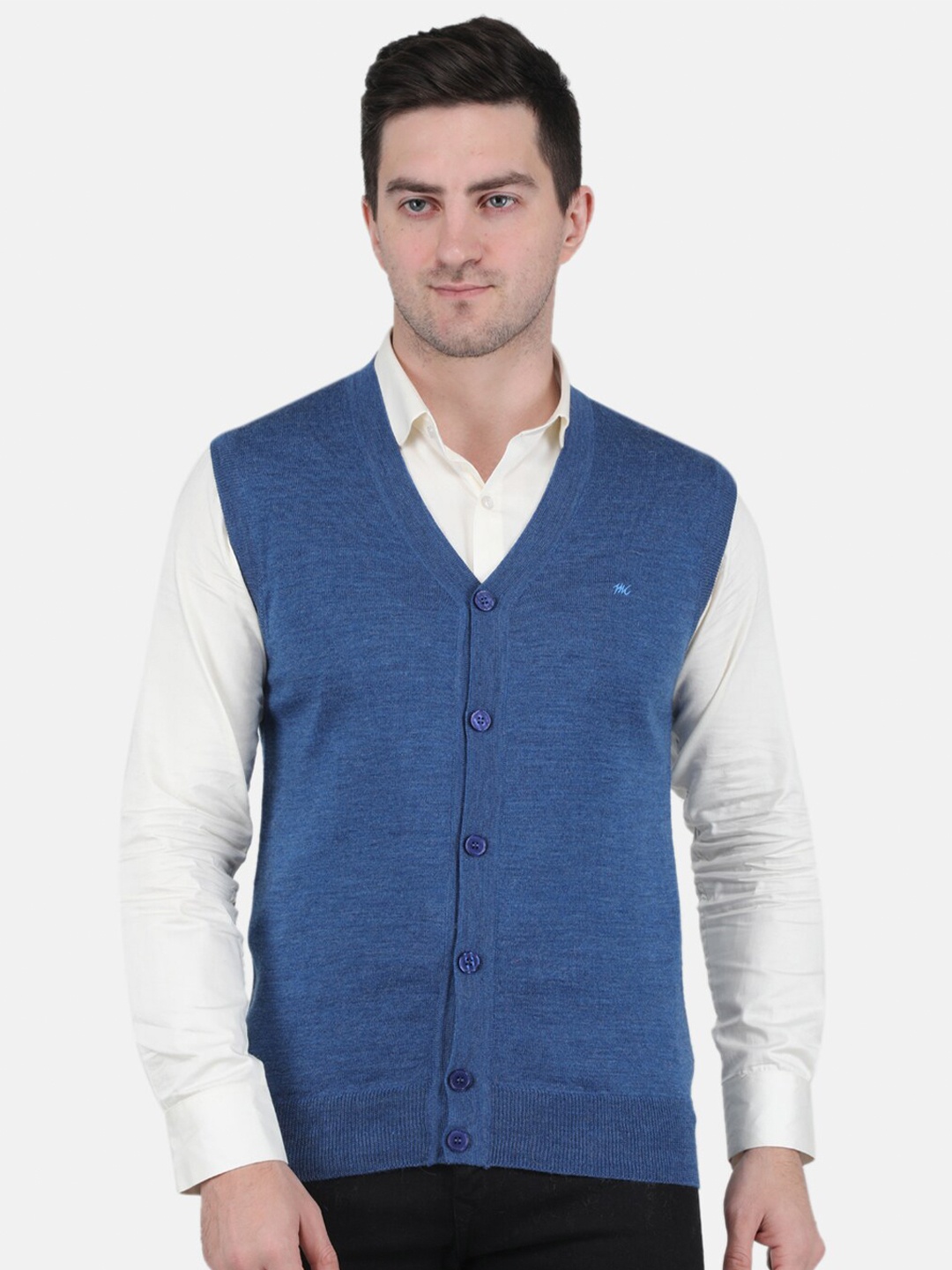 

Monte Carlo Men V-Neck Sleeveless Wool Cardigan, Blue