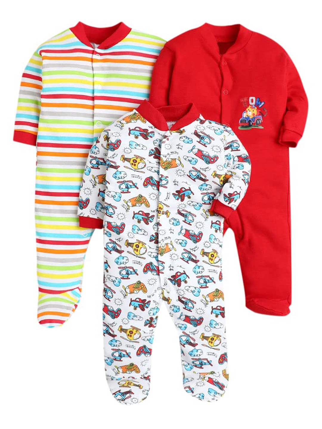 

EIO Infants Pack Of 3 Printed Pure Cotton Sleepsuit, Red