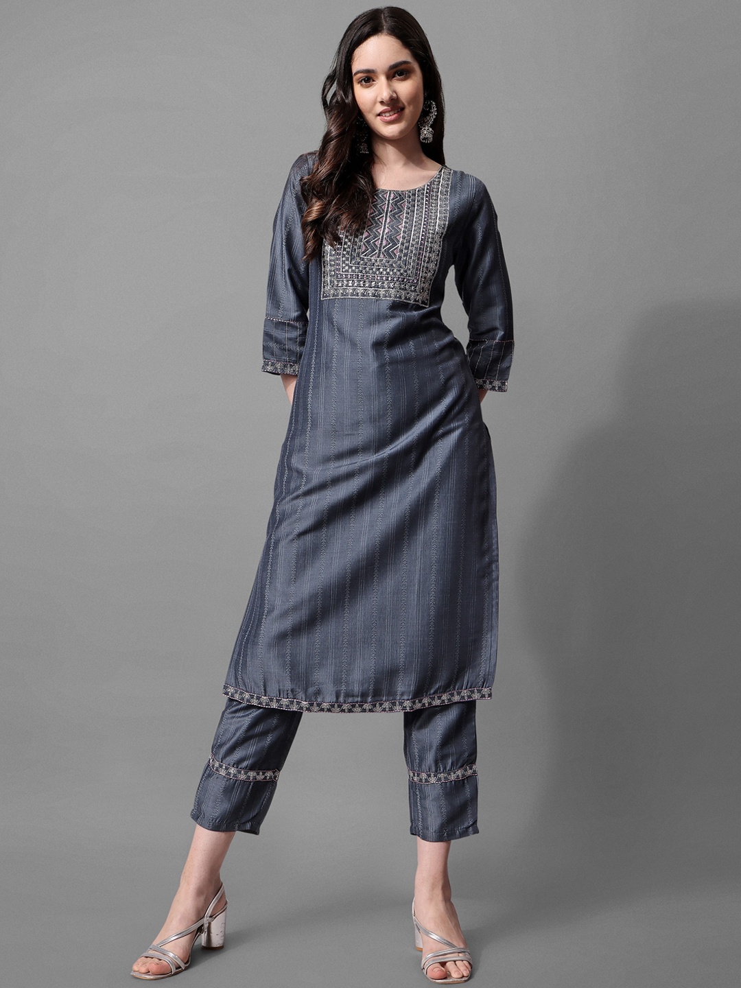 

ASPORA Women Ethnic Motifs Embroidered Kurta with Trousers & Dupatta, Grey