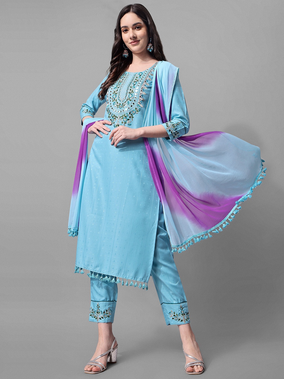 

ASPORA Women Floral Embroidered Mirror Work Kurta With Trousers & Dupatta, Blue