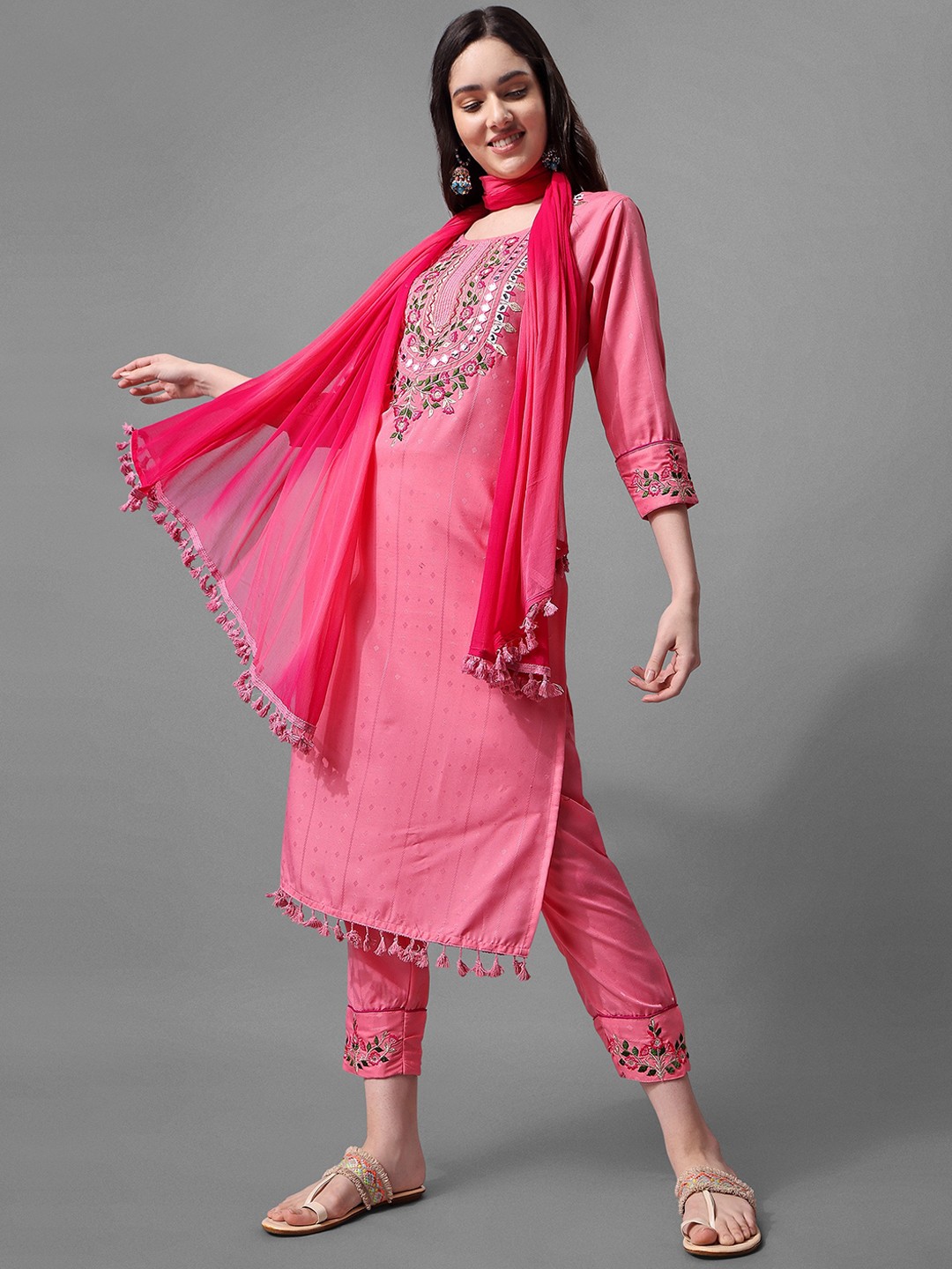 

ASPORA Ethnic Motifs Embroidered Mirror Work Kurta with Trousers & Dupatta, Pink