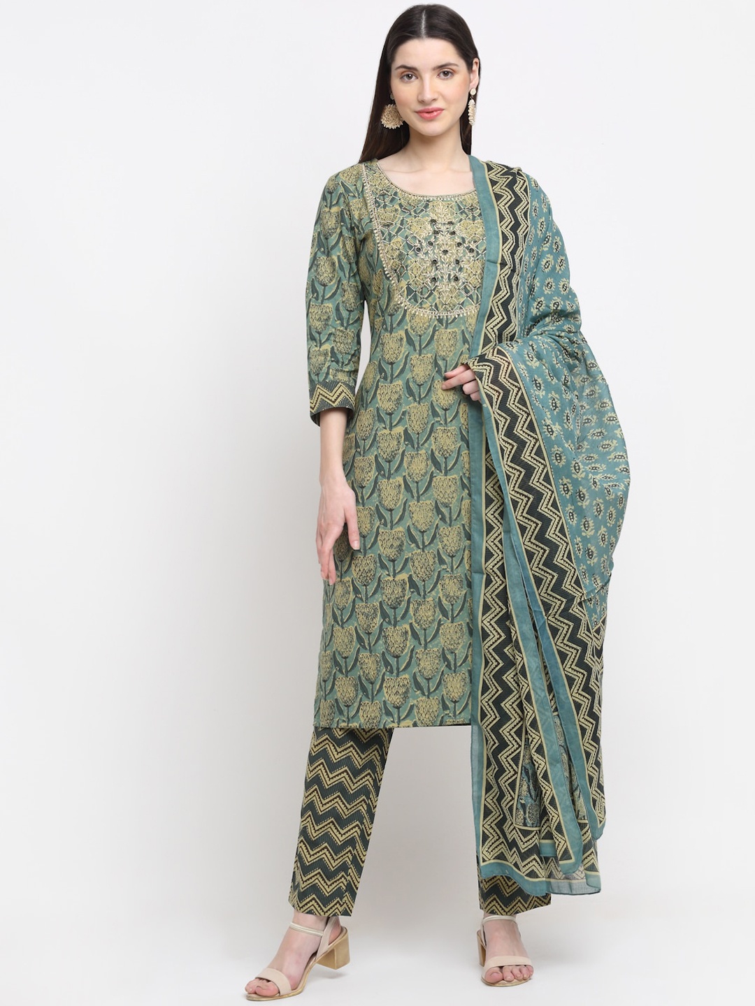 

KALINI Women Floral Printed Thread Work Pure Cotton Kurta with Trousers & Dupatta, Green