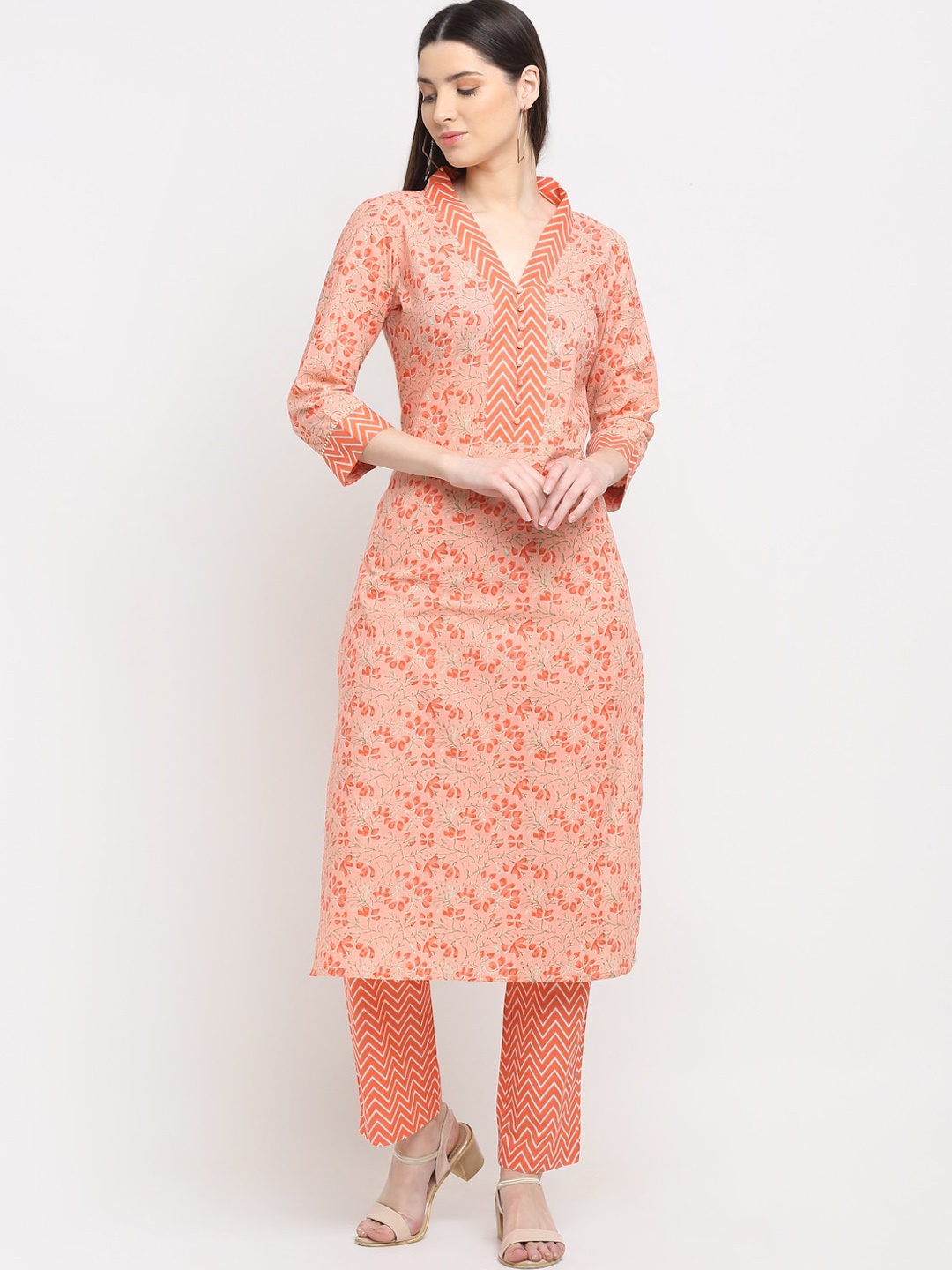 

KALINI Women Floral Printed Pure Cotton Kurta with Trousers, Peach