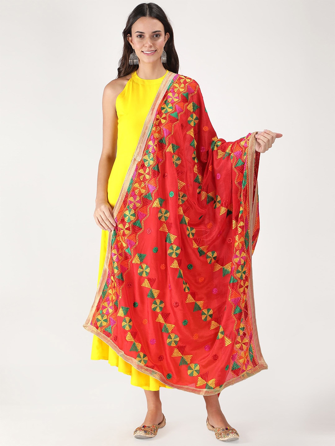 

Zamour Embroidered Dupatta with Phulkari, Orange