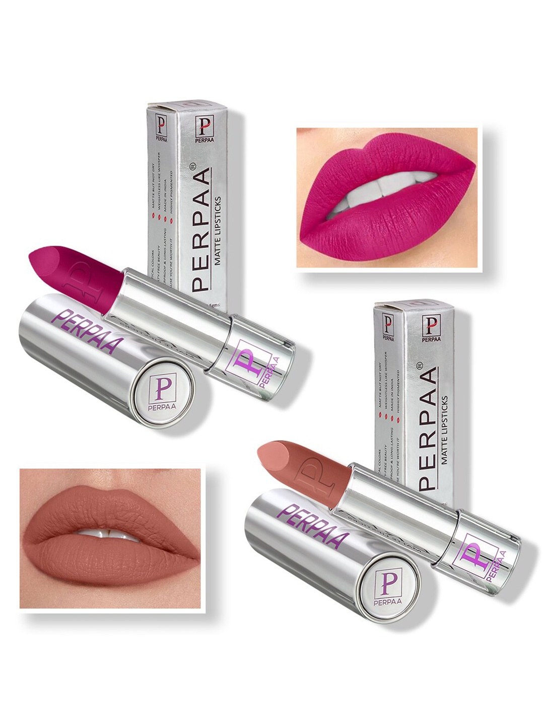 

PERPAA Set of 2 Highly Pigmented & Weightless Matte Lipstick 3.5 g Each - Shade 158 & 306, Magenta