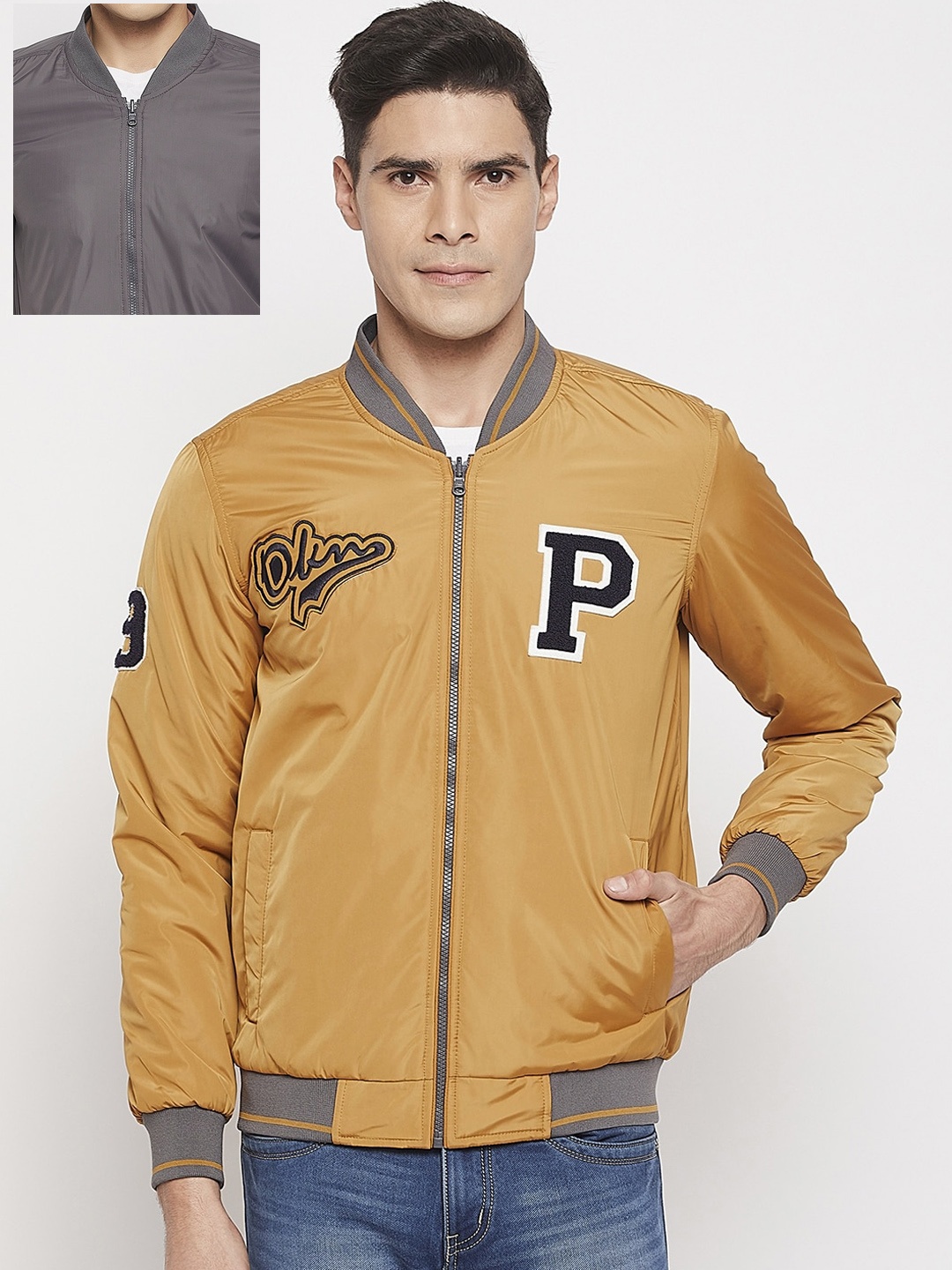 

Okane Men Printed Nylon Reversible Bomber Jacket, Mustard