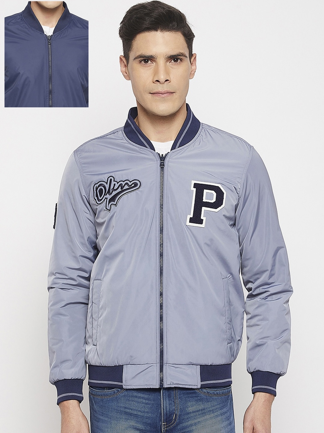 

Okane Men Printed Nylon Reversible Bomber Jacket, Blue