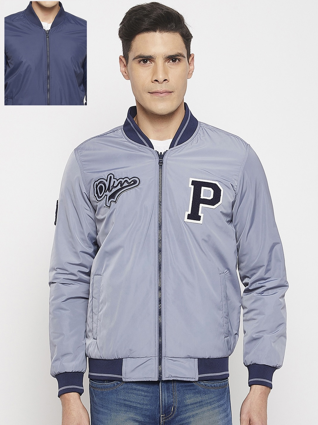 

Okane Men Printed Nylon Reversible Bomber Jacket, Blue