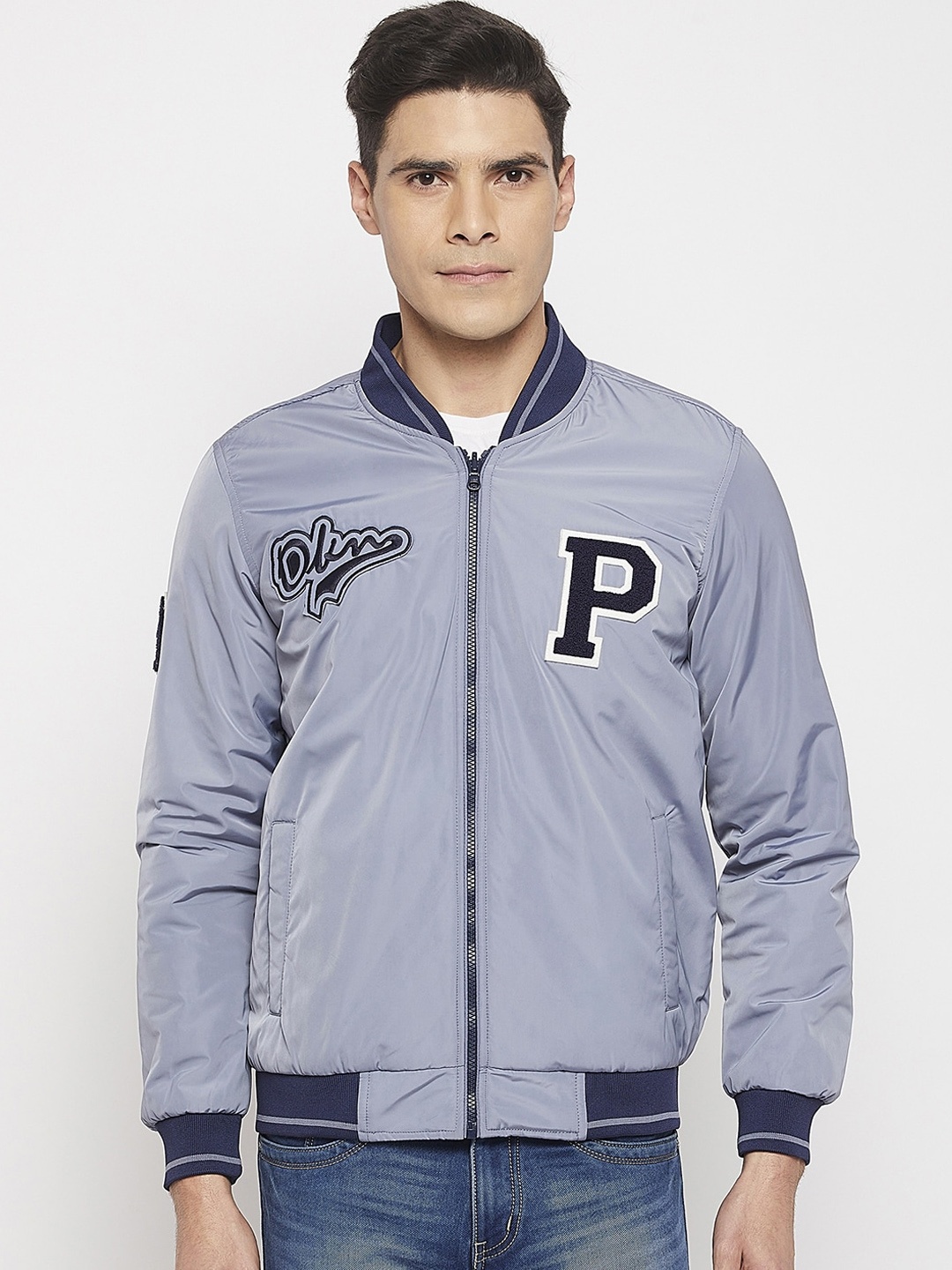 

Okane Men Solid Nylon Reversible Bomber Jacket, Navy blue