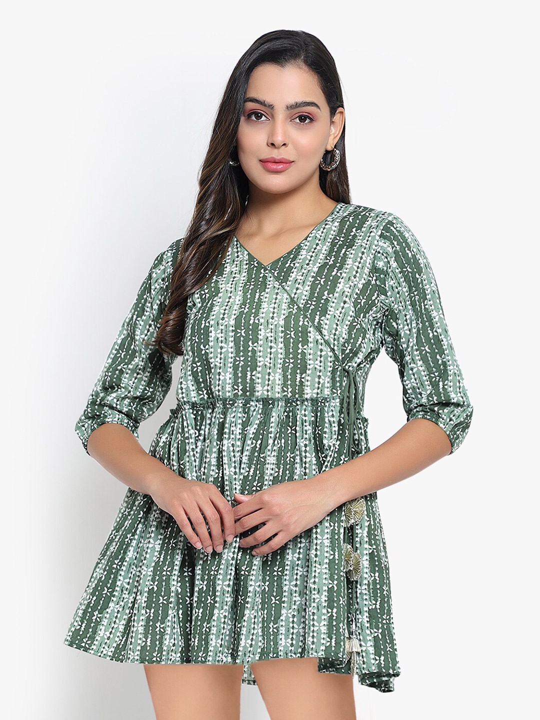 

Indietoga Women Hand Block Printed Pure Cotton Dress, Green