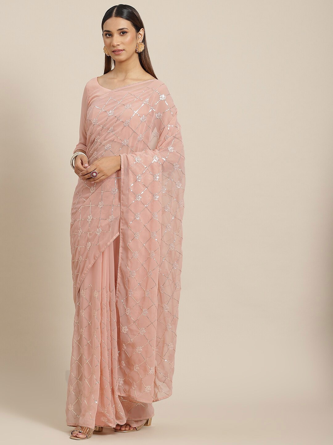

GAJARAI Embellished Sequinned Pure Georgette Saree, Peach