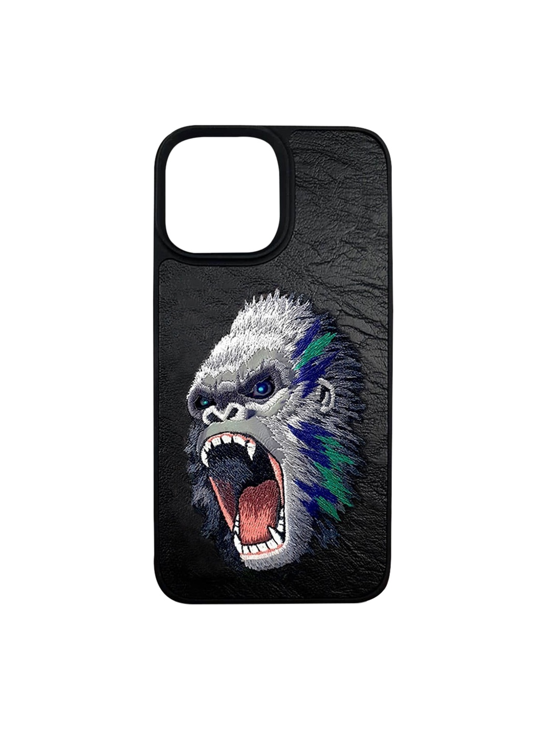 

TREEMODA Chimpanzee Printed iPhone 13 Leather Phone Back Case, Black