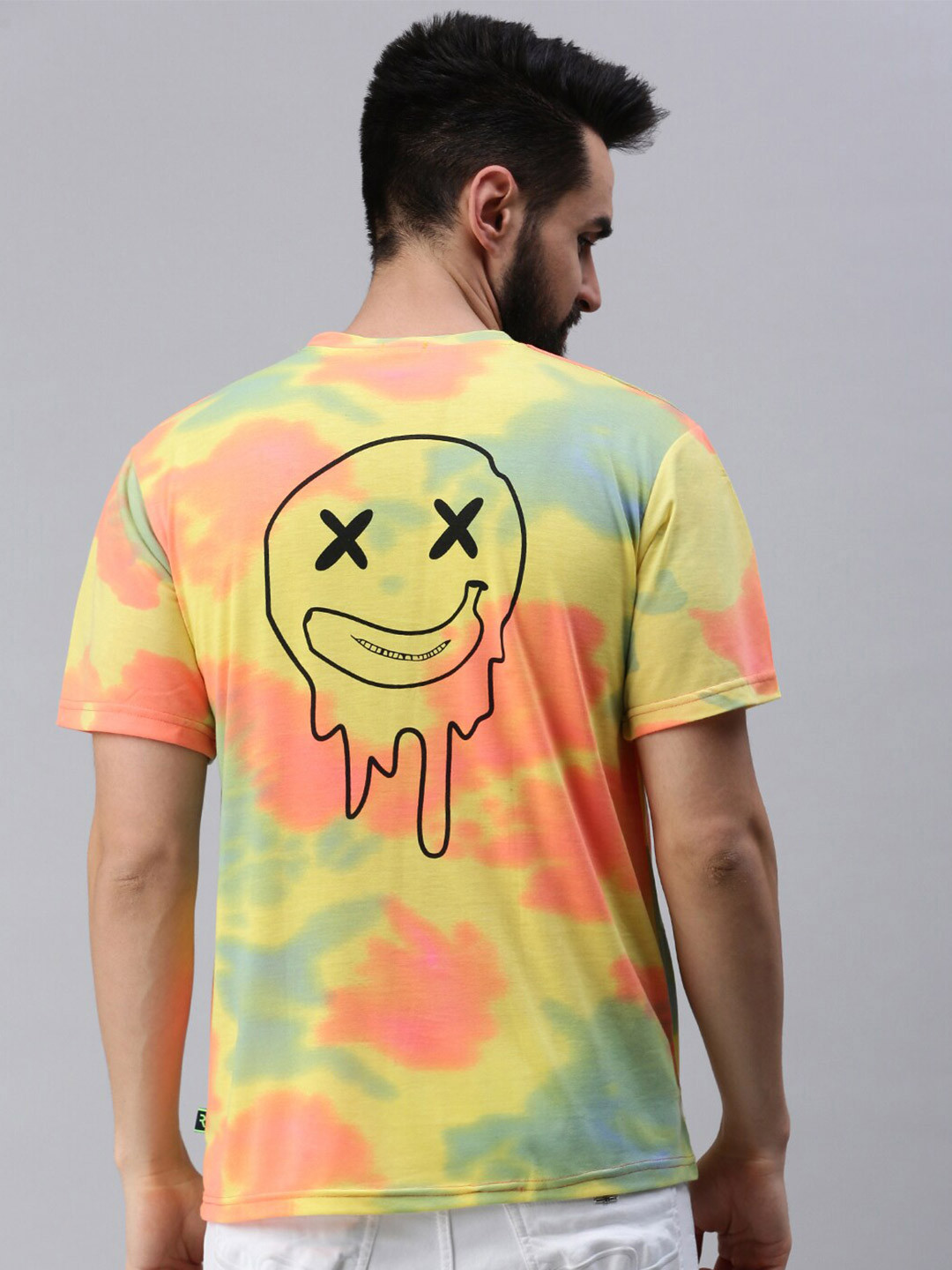 

Rodzen Men Printed Tie & Dye Pure Cotton Loose T-shirt, Yellow